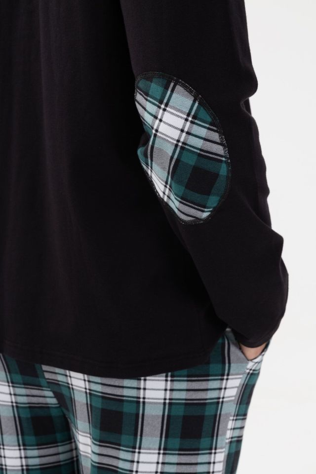 Erkek Pamuklu Uzun Kollu Yamalı Ekose Desenli Pijama Takımı Yeşil Ekose - XL