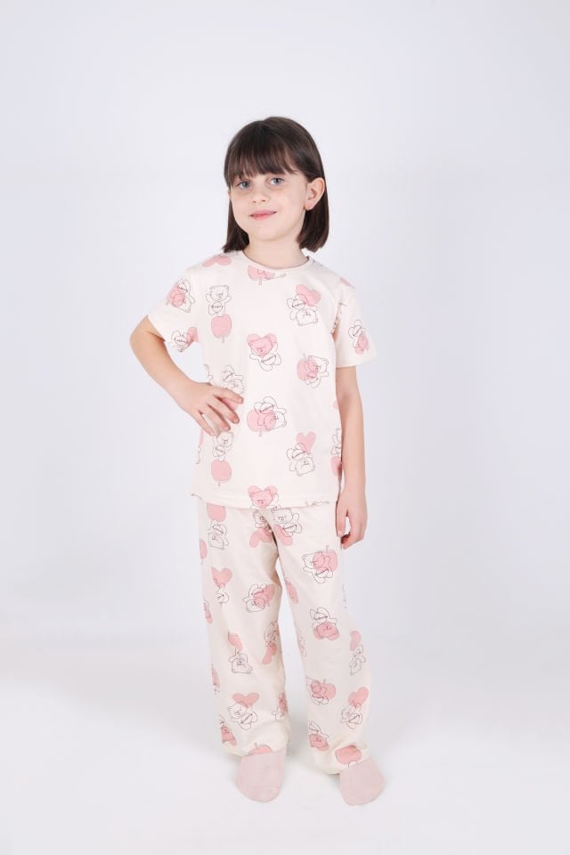 Kız Çocuk Pamuklu Kalpli Desenli Pijama Takımı 9 - 10 Yaş - Ekru - Pudra