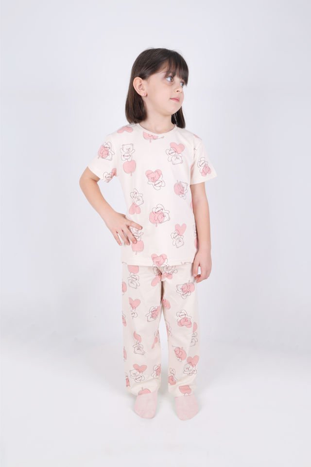 Kız Çocuk Pamuklu Kalpli Desenli Pijama Takımı 9 - 10 Yaş - Ekru - Pudra