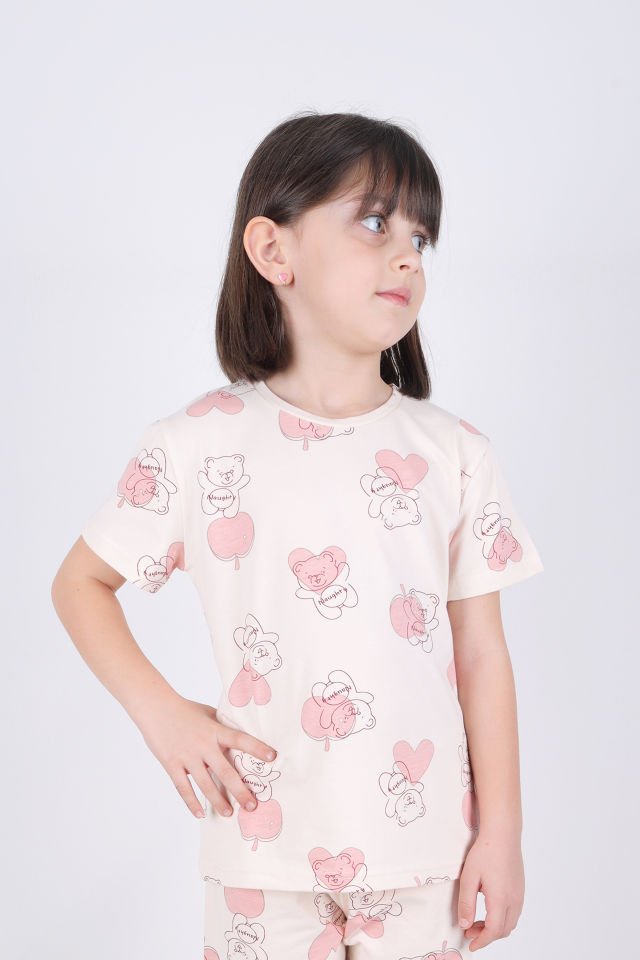Kız Çocuk Pamuklu Kalpli Desenli Pijama Takımı 9 - 10 Yaş - Ekru - Pudra