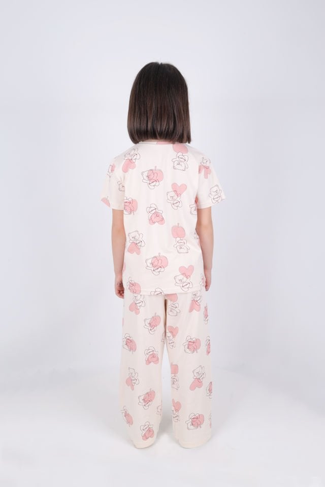 Kız Çocuk Pamuklu Kalpli Desenli Pijama Takımı 9 - 10 Yaş - Ekru - Pudra