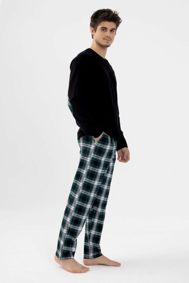 Erkek Pamuklu Uzun Kollu Yamalı Ekose Desenli Pijama Takımı Yeşil Ekose - 2XL