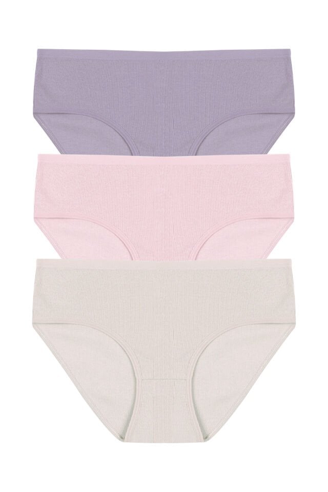 Kadın 3'lü Desenli Kaşkorse Pamuklu Yüksek Bel Bato Lila  -  Ekru - 3XL