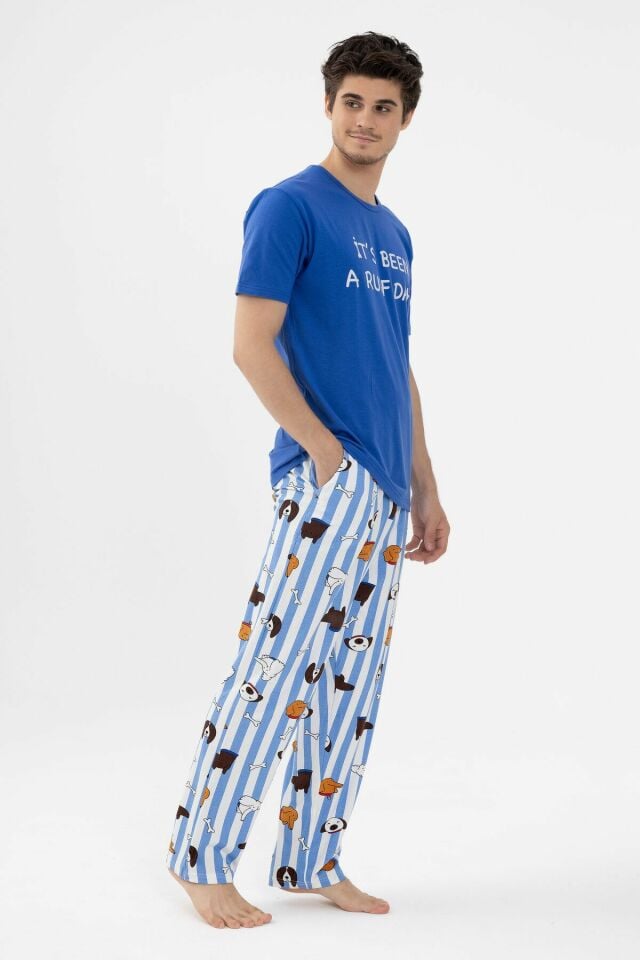 Erkek Kısa Kollu Pamuklu Hayvan Desenli Pijama Takımı Saks - XL