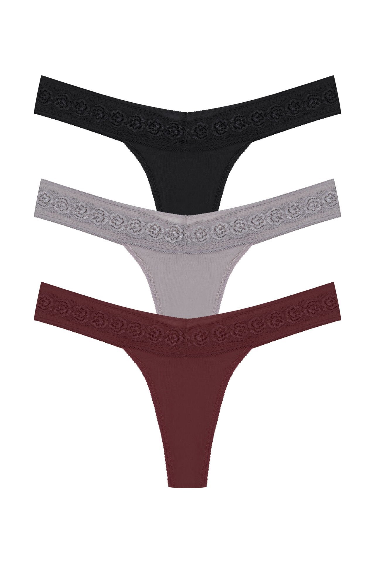 Kadın 3'lü  Beli Dantelli Pamuklu Tanga Külot L - XL - Siyah - Kırmızı