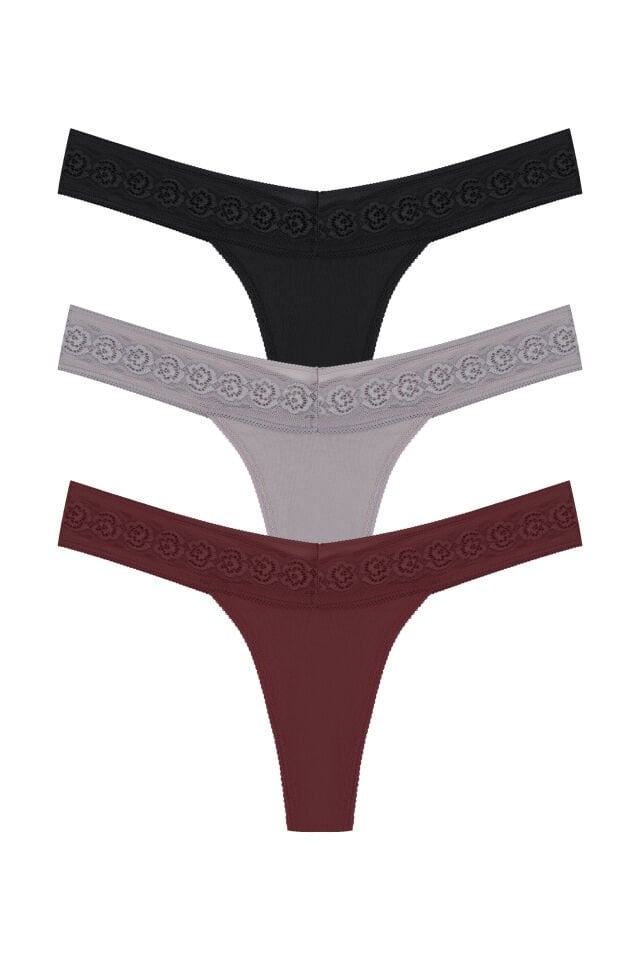Kadın 3'lü  Beli Dantelli Pamuklu Tanga Külot L - XL - Siyah - Kırmızı