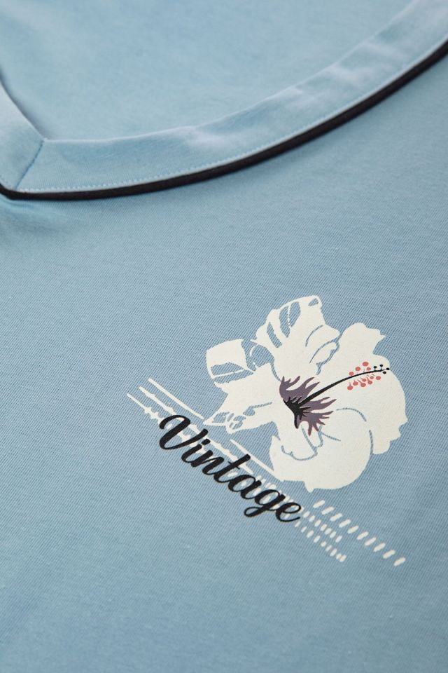 Kadın V Yaka Çiçek Desenli Ara Biyeli Uzun Kollu Pamuklu Pijama Takımı Mavi-Beyaz - XL