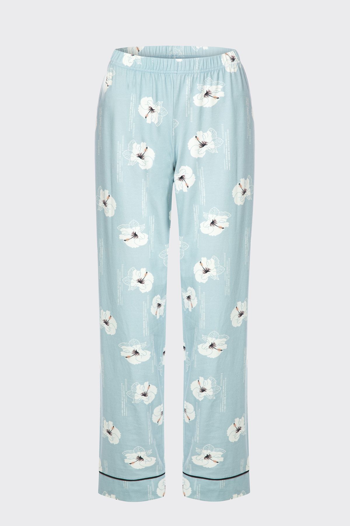 Kadın V Yaka Çiçek Desenli Ara Biyeli Uzun Kollu Pamuklu Pijama Takımı Mavi-Beyaz - M