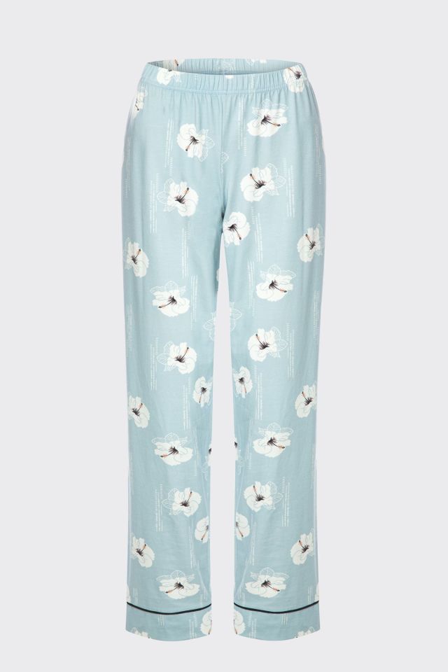 Kadın V Yaka Çiçek Desenli Ara Biyeli Uzun Kollu Pamuklu Pijama Takımı Mavi-Beyaz - M