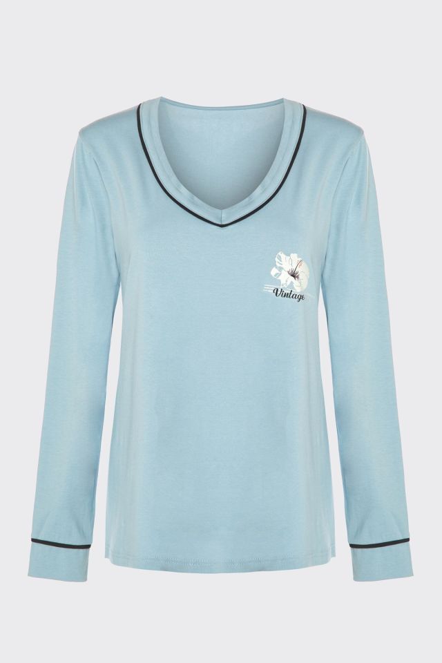 Kadın V Yaka Çiçek Desenli Ara Biyeli Uzun Kollu Pamuklu Pijama Takımı Mavi-Beyaz - M