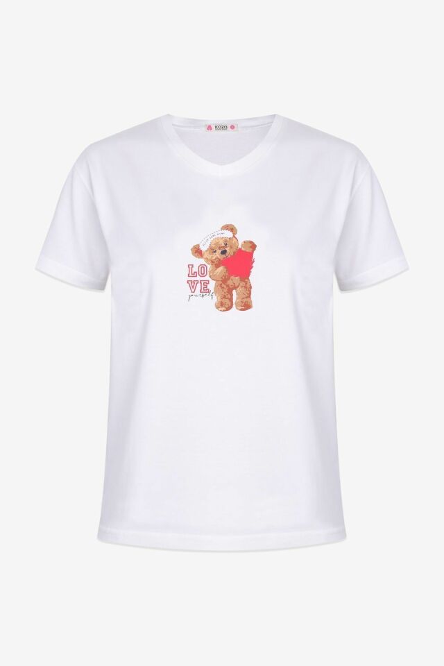 Kadın Pamuklu Ayıcık Desenli V Yaka Şortlu Pijama Takımı KO70109 Üst Ekru Alt Lacivert Ayıcık - XL