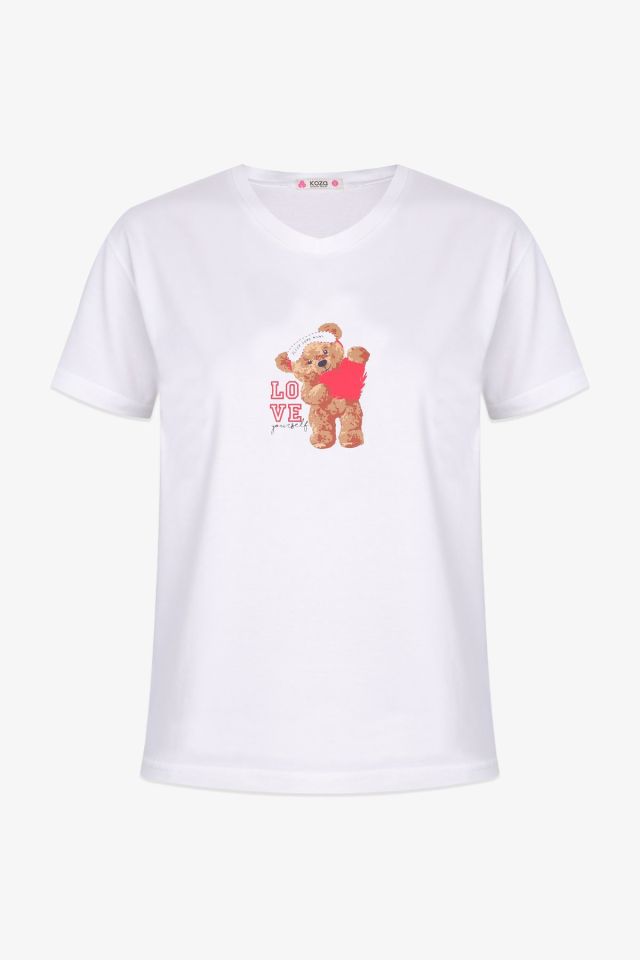 Kadın Pamuklu Ayıcık Desenli V Yaka Şortlu Pijama Takımı Üst Ekru Alt Lacivert Ayıcık - L