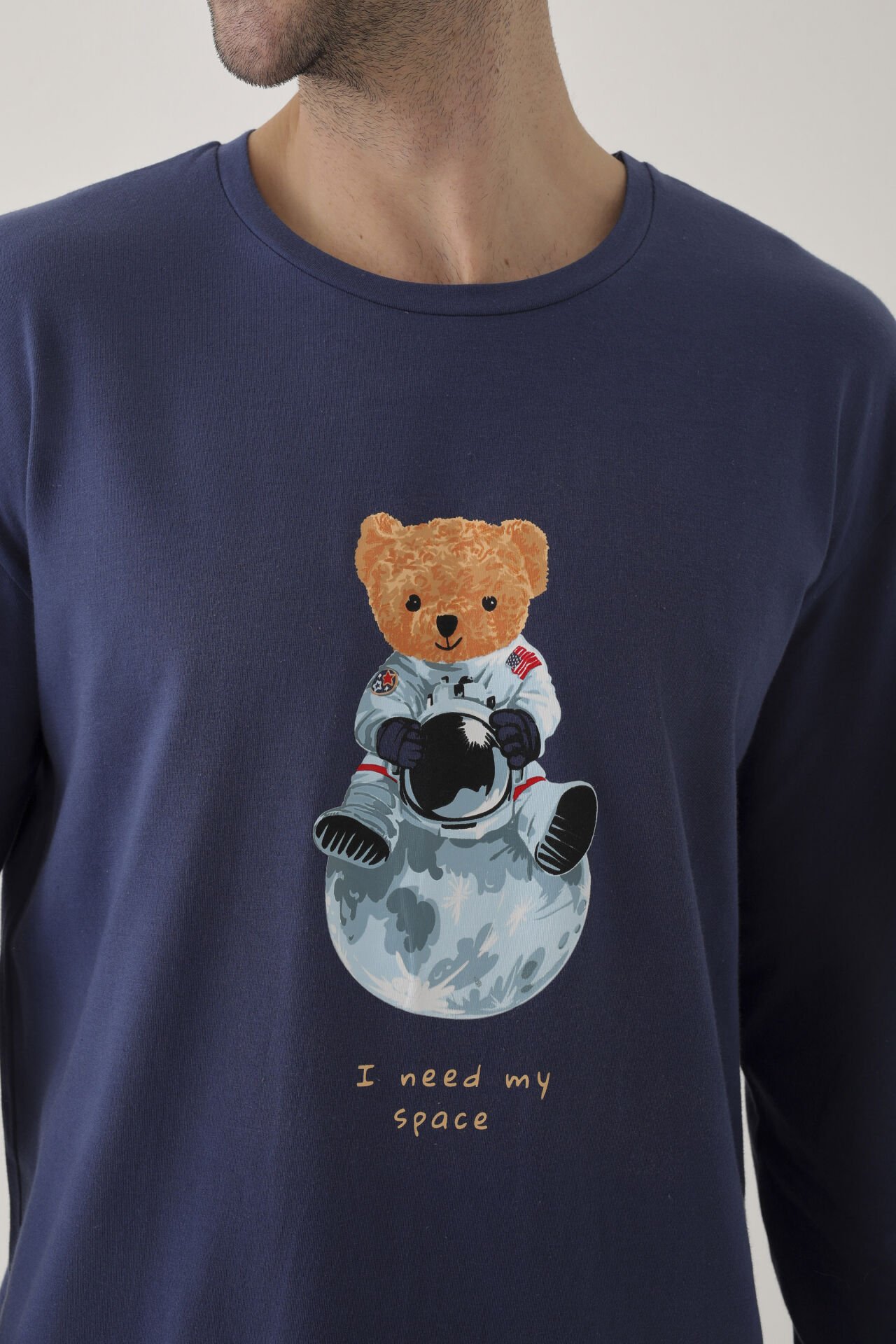 Erkek Pamuklu Uzun Kollu Uzay Temalı/ Astronot Baskılı Füme Çizgili Pijama Takımı XL - Mavi - Beyaz