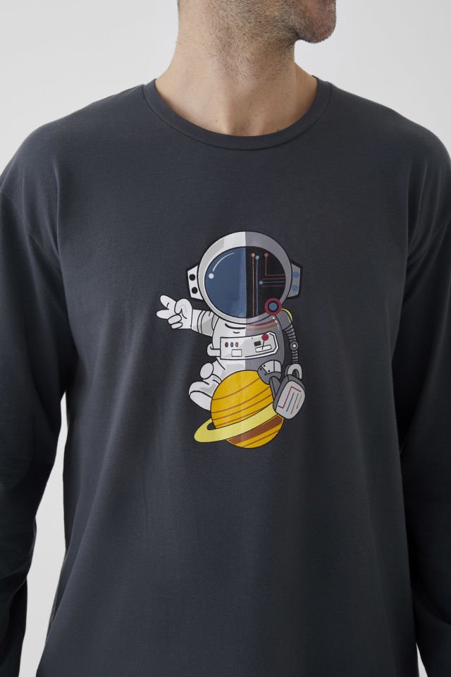 Erkek Pamuklu Uzun Kollu Uzay Temalı/ Astronot Baskılı Füme Çizgili Pijama Takımı L - Gri - Beyaz