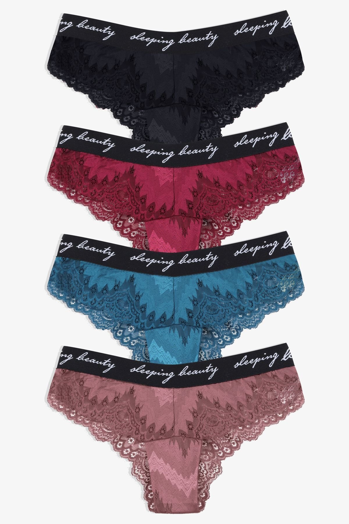 Kadın 4'lü Yazılı Lastikli Dantelli Fantezi Külot siyah-bordo-petrol-glkurusu - M