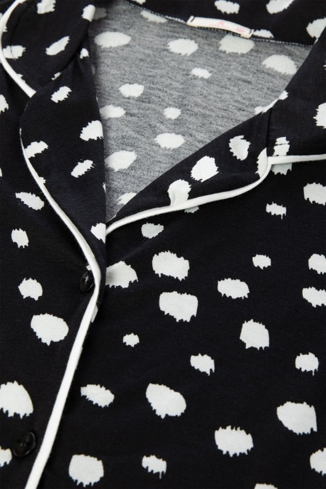 Kadın Gömlek Yaka Benek/ Puan Desenli Ara Biye Detaylı Pijama Takımı S - Siyah - Beyaz