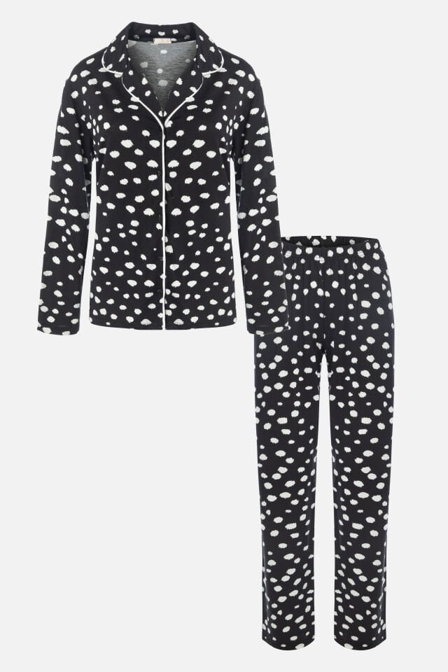 Kadın Gömlek Yaka Benek/ Puan Desenli Ara Biye Detaylı Pijama Takımı XL - Siyah - Beyaz