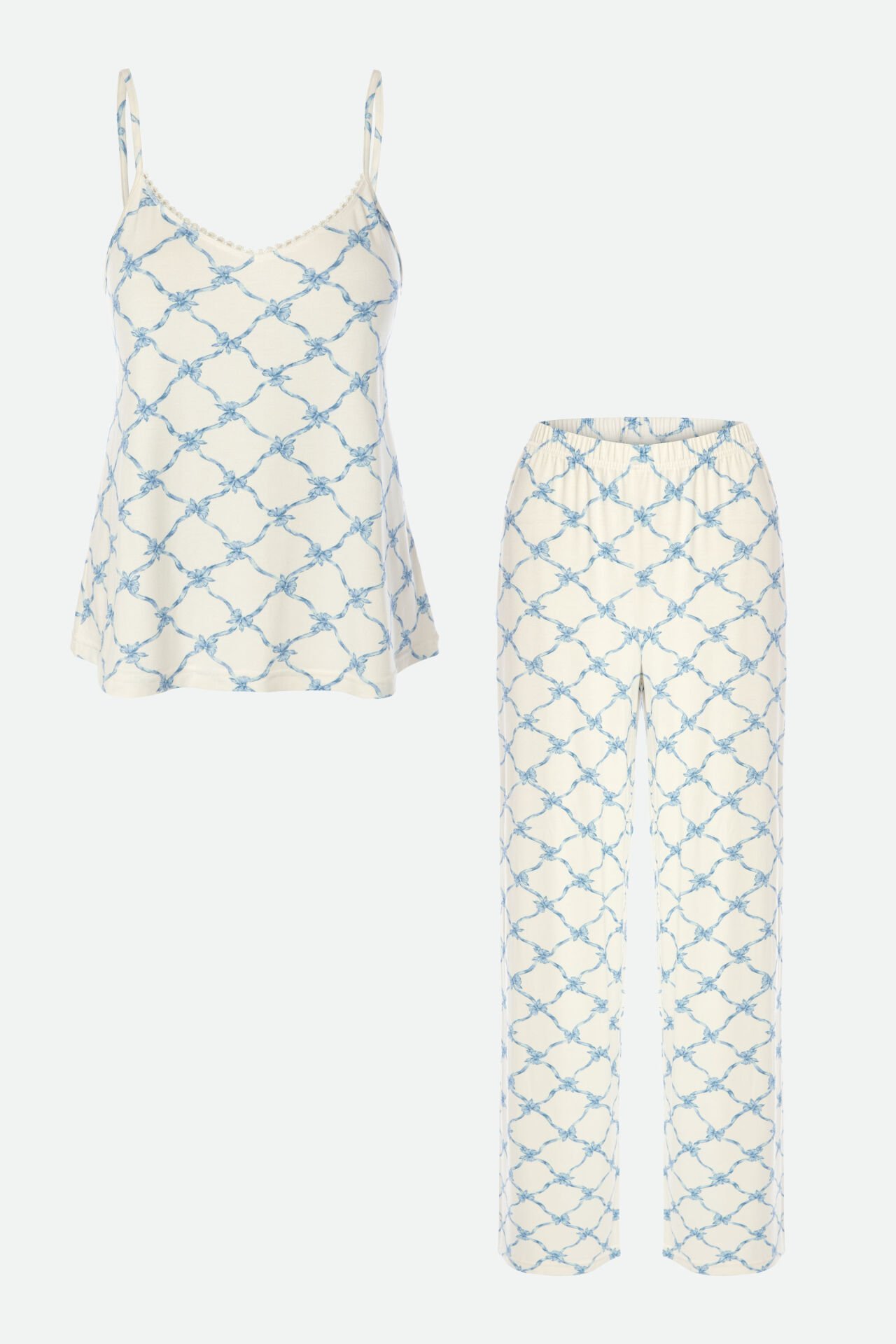 Kadın Askılı Yumuşak Dokulu Desenli Pijama Takımı L - Mavi - Beyaz