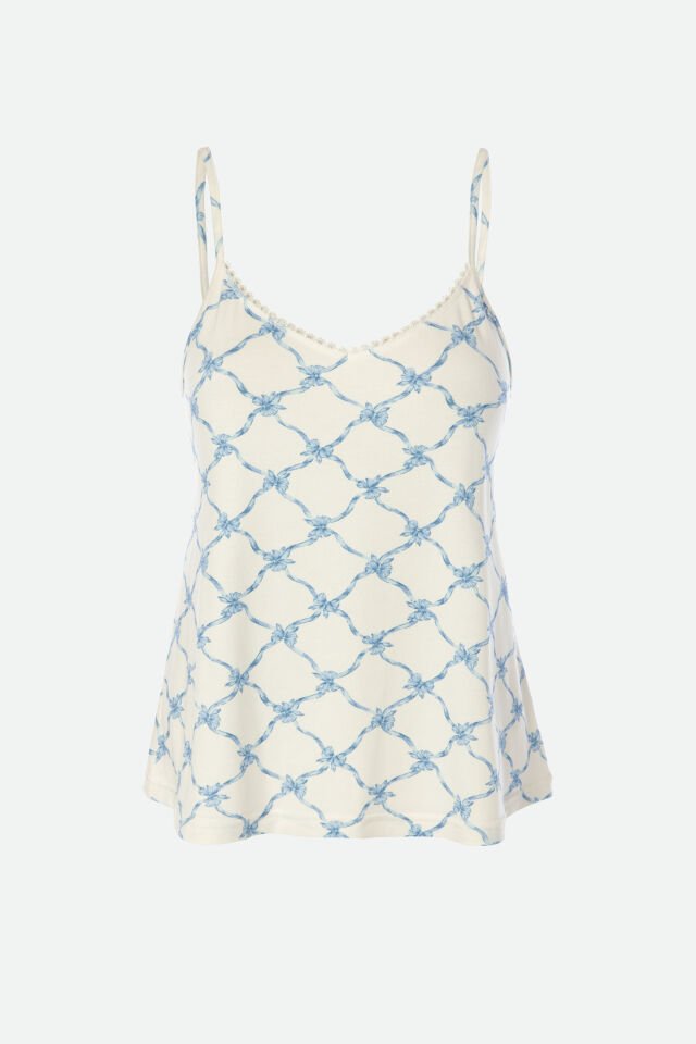 Kadın Askılı Yumuşak Dokulu Desenli Pijama Takımı XL - Mavi - Beyaz