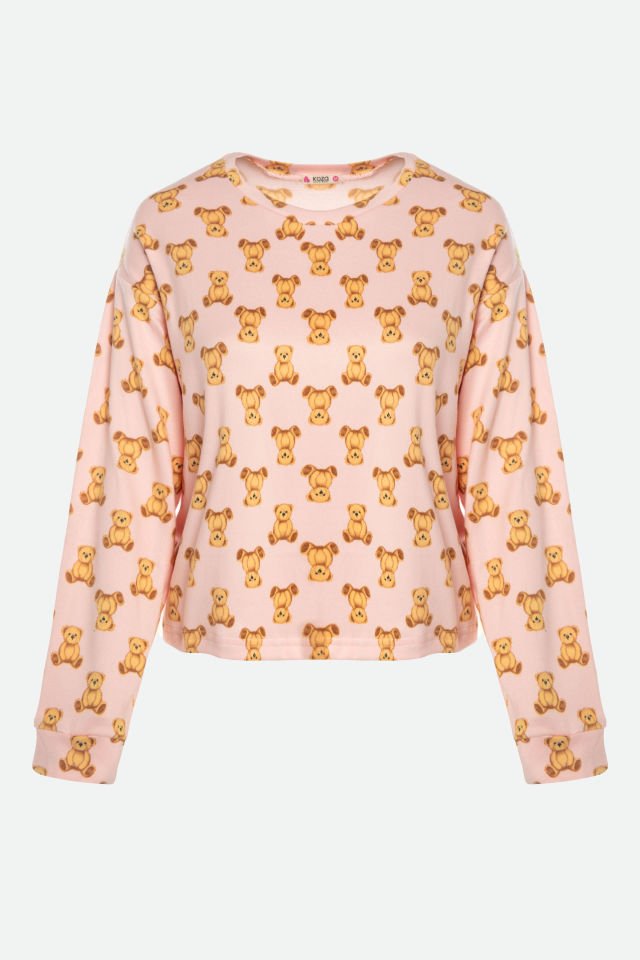 Kadın Soft Touch Pamuklu Uzun Kollu Ayıcık Desenli Jogger Pijama Takımı S - Pembe - Kahverengi