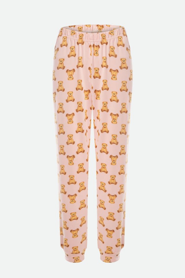 Kadın Soft Touch Pamuklu Uzun Kollu Ayıcık Desenli Jogger Pijama Takımı S - Pembe - Kahverengi