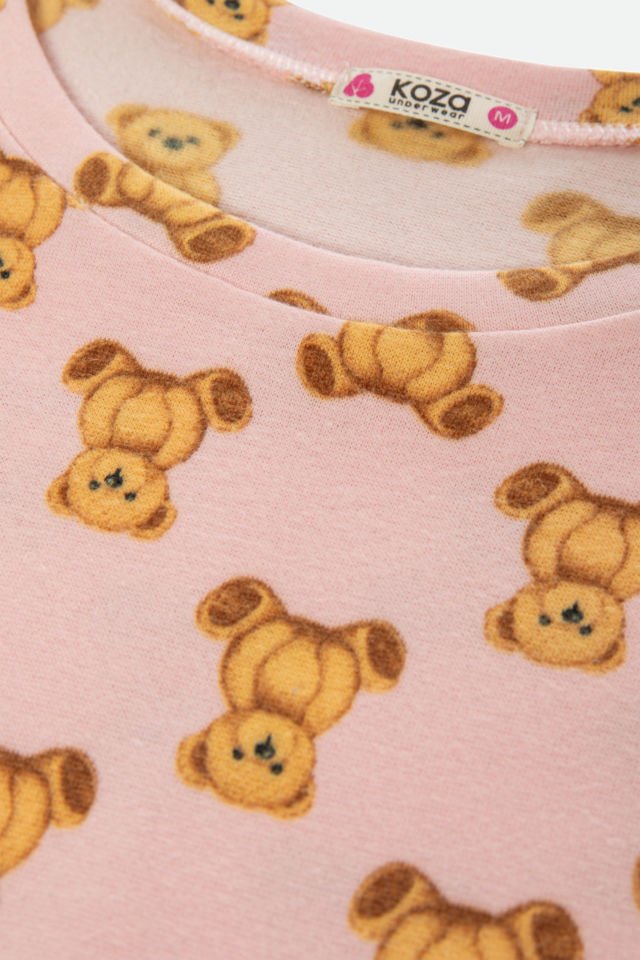 Kadın Soft Touch Pamuklu Uzun Kollu Ayıcık Desenli Jogger Pijama Takımı S - Pembe - Kahverengi