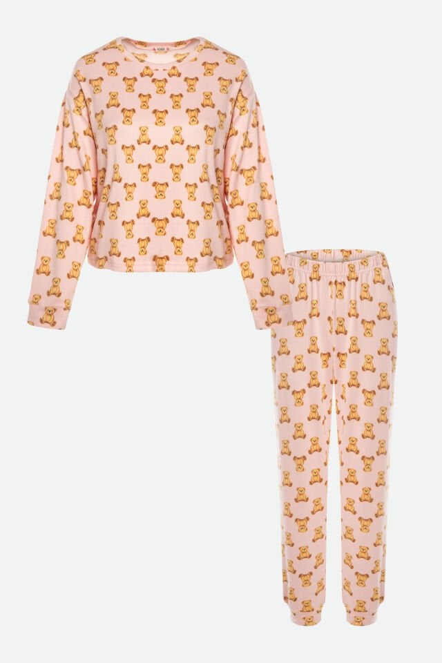Kadın Soft Touch Pamuklu Uzun Kollu Ayıcık Desenli Jogger Pijama Takımı L - Pembe - Kahverengi