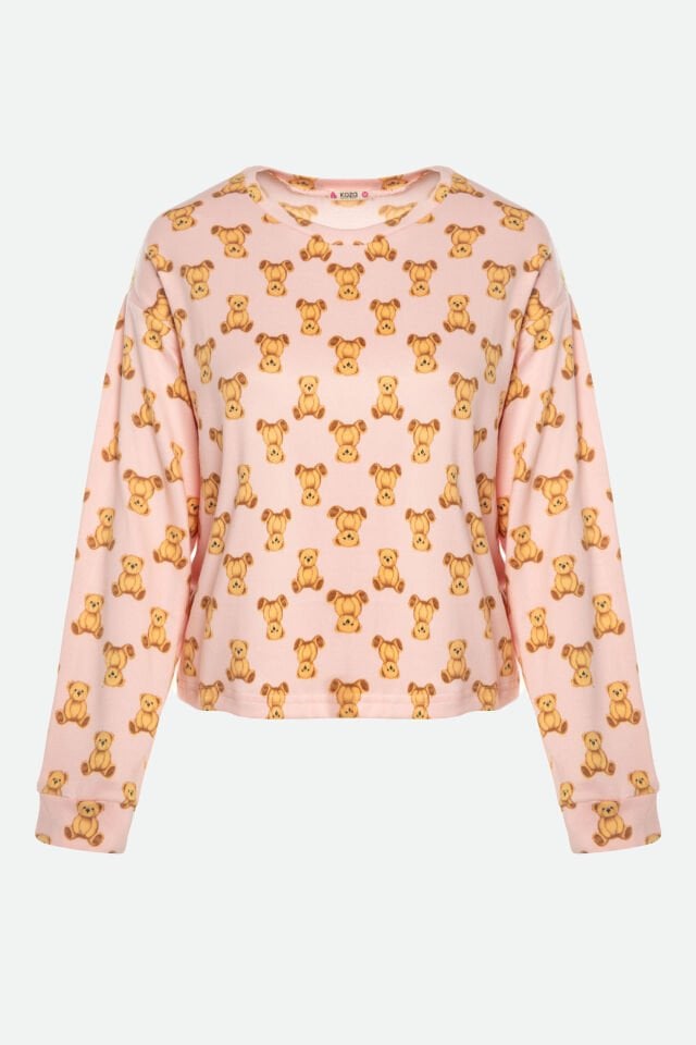 Kadın Soft Touch Pamuklu Uzun Kollu Ayıcık Desenli Jogger Pijama Takımı XL - Pembe - Kahverengi