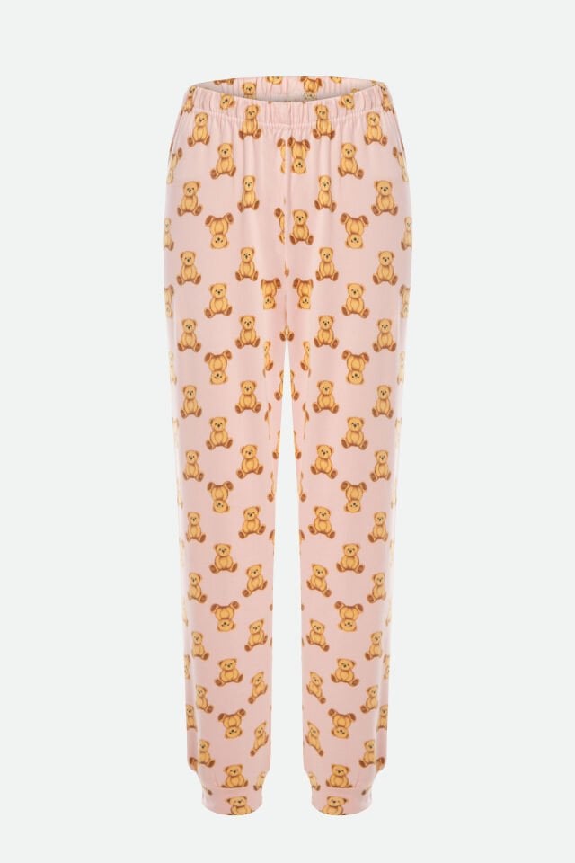 Kadın Soft Touch Pamuklu Uzun Kollu Ayıcık Desenli Jogger Pijama Takımı XL - Pembe - Kahverengi