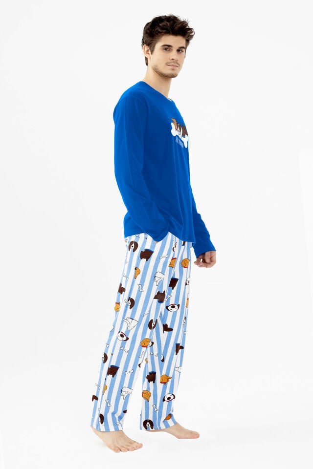 Erkek Pamuklu Uzun Kollu Baskılı Alt Desenli Cep Detaylı Pijama Takımı XL - Beyaz - Saks