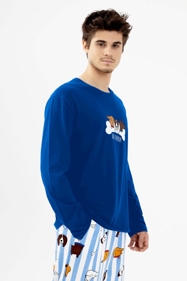 Erkek Pamuklu Uzun Kollu Baskılı Alt Desenli Cep Detaylı Pijama Takımı XL - Beyaz - Saks