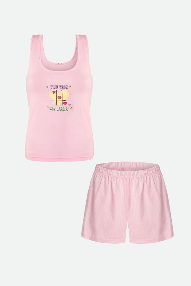 Kadın Pamuklu Kalın Askılı Şortlu Pijama Takımı XL - Pembe - Ekru