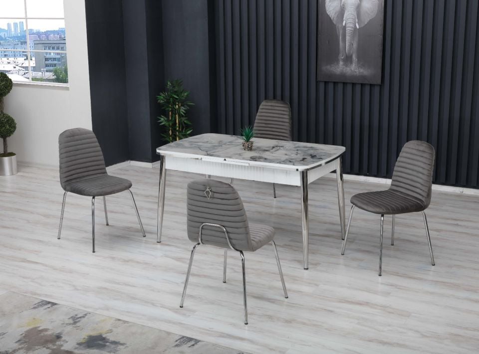REYYAN 80*130 GRİ MERMER KROM / REYYAN GRİ SANDALYE