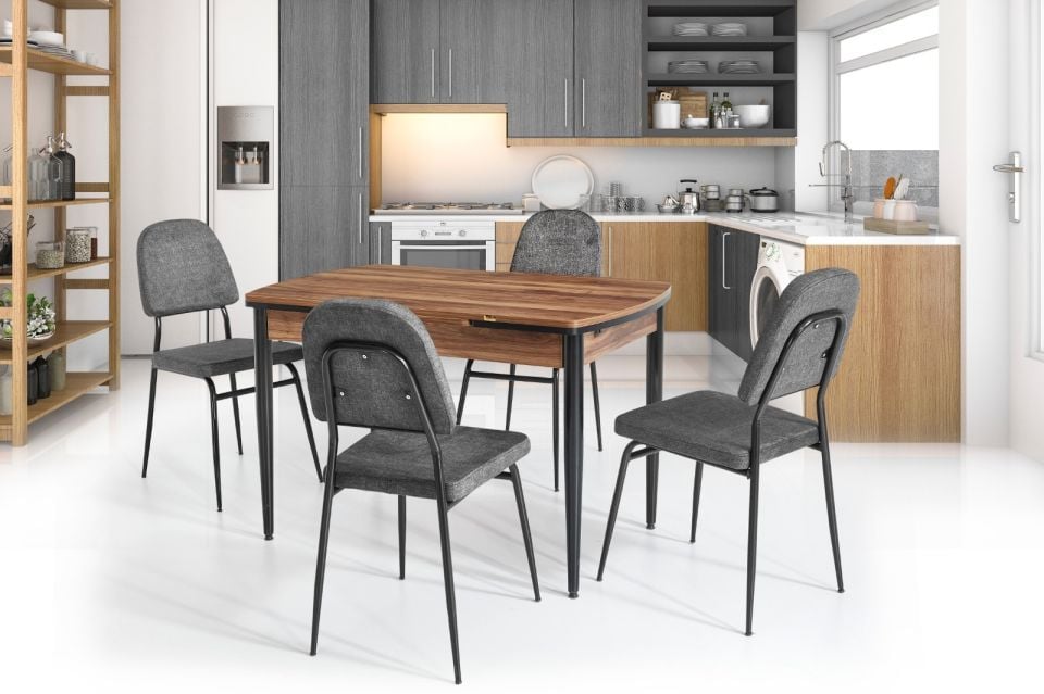 MENEKŞE 70*115 CEVİZ MASA - SİYAH AYAK / ARYA ANTRASİT SANDALYE