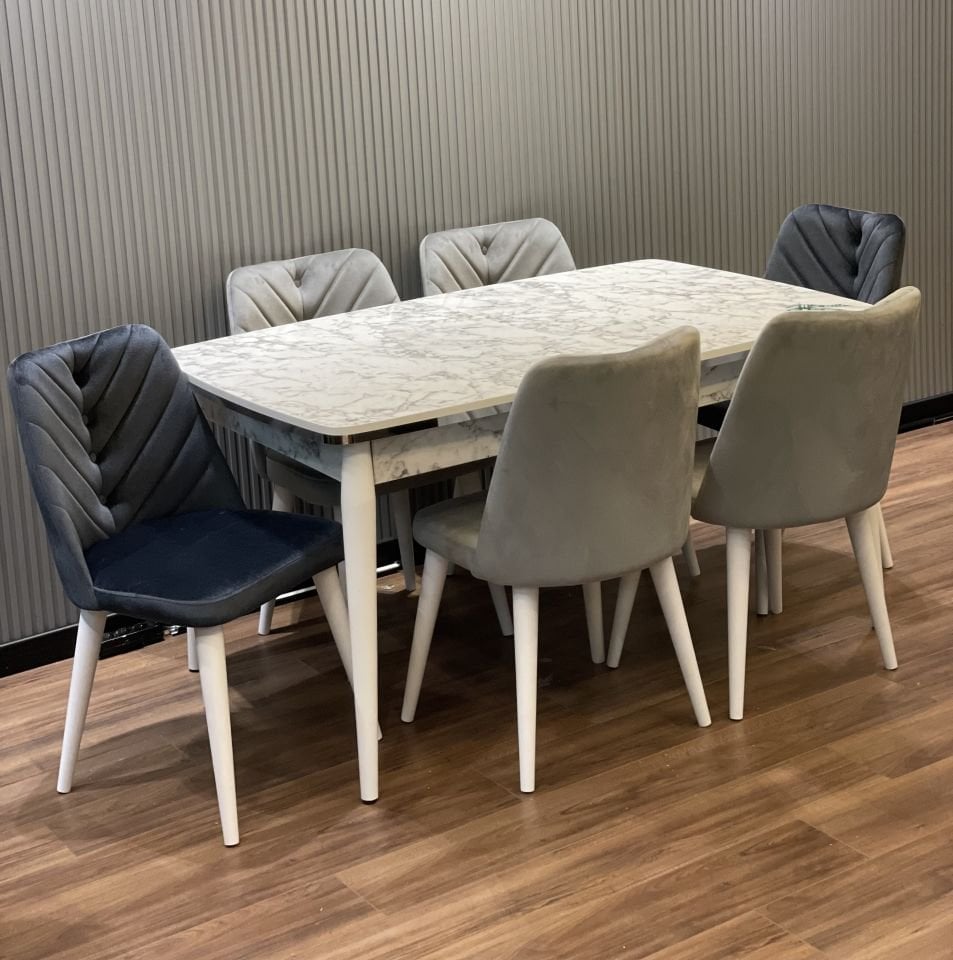 90*160 OVAL MDF BEYAZ MERMER SİLVER MASA / SAHRA SANDALYE
