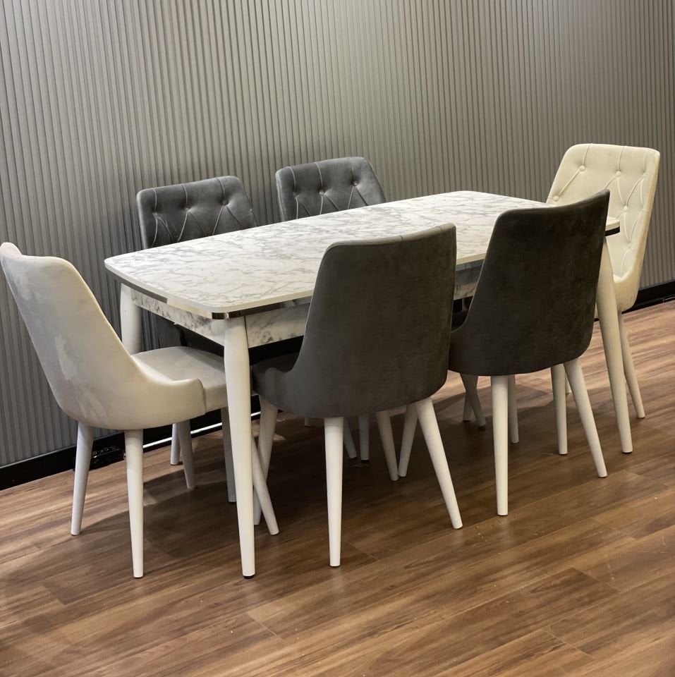 90*160 OVAL MDF BEYAZ MERMER SİLVER MASA / ROMA SANDALYE