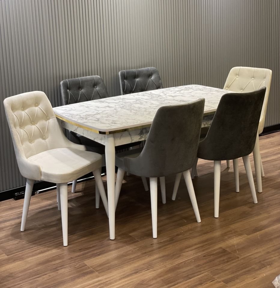 90*160 OVAL MDF BEYAZ MERMER GOLD MASA / ROMA SANDALYE