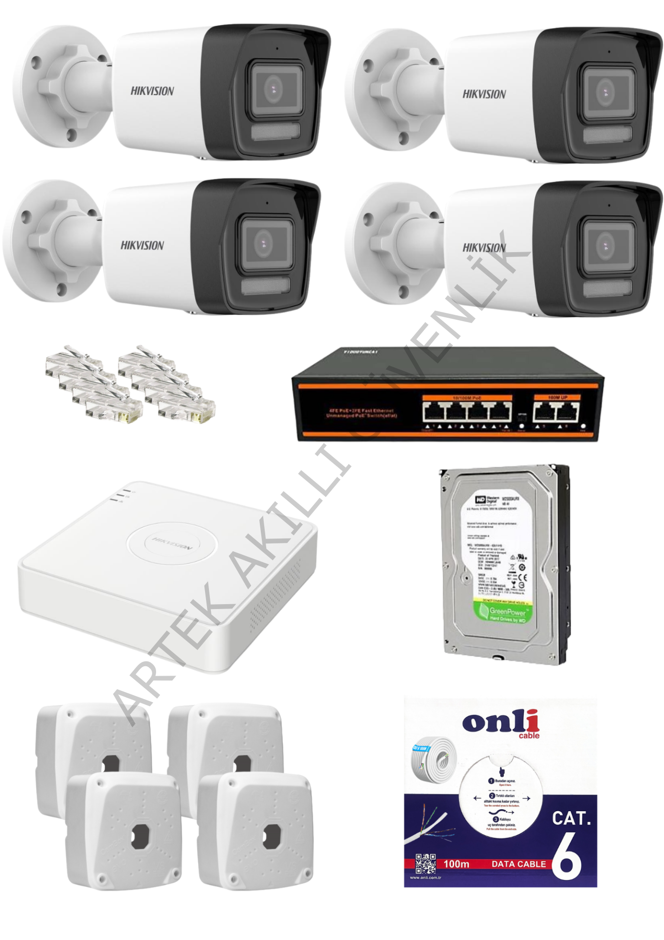 Hikvision 4 Kameralı 7/24 Renkli Hazır IP Kamera Seti