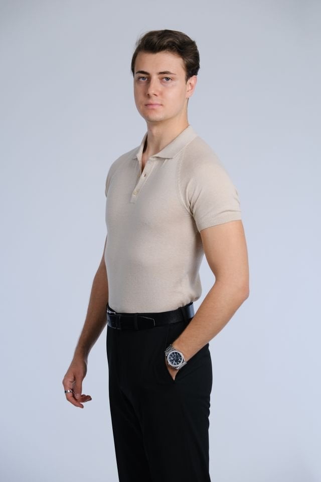 Beige Polo Neck Knit T-Shirt