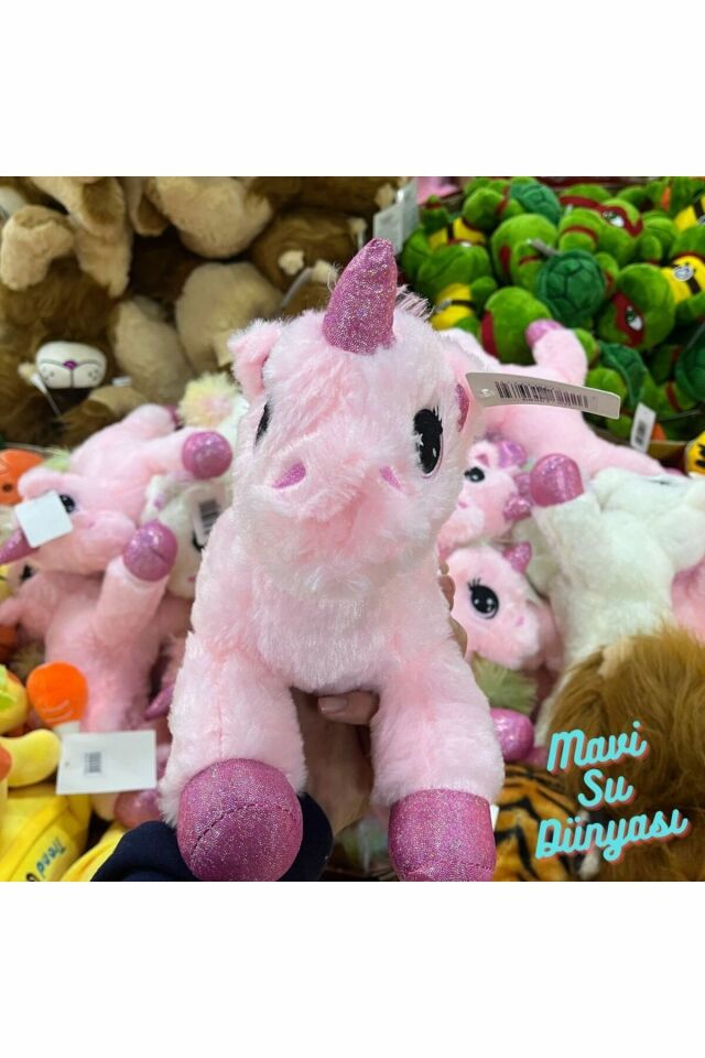 Peluş Yatan Unicorn Pembe Renk 37 Cm - Mavi Su Dünyası