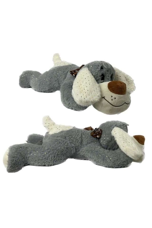 Peluş Yatan Köpek Parlak Kumaş 60 Cm - MAVİ SU DÜNYASI Gri