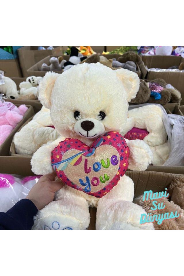 Peluş 30 Cm Kalpli Ayıcık Love You So Much - Mavi Su Dünyası BEYAZ