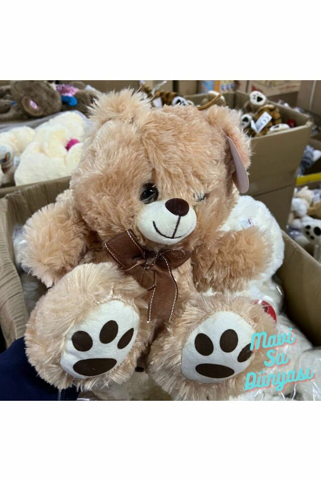 Peluş 30 Cm Kurdelali Ayıcık - Mavi Su Dünyası Gri