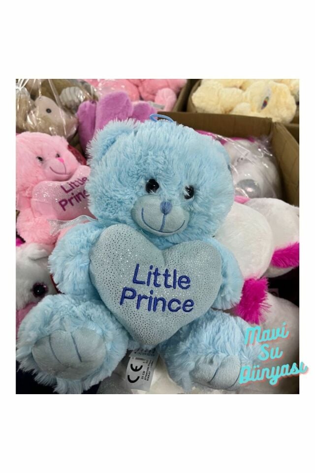 Peluş 25 Cm Kalpli Ayıcık Little Prince  - Mavi Su Dünyası Mavi