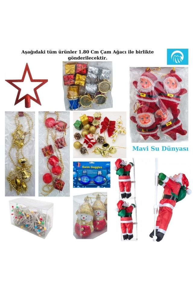 Yılbaşı Ağacı 180 Cm Full Süslü Set - Hediyeli - Mavi Su Dünyası