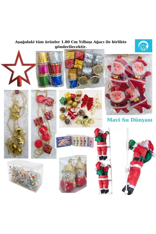 Yılbaşı Ağacı 180 Cm Full Süslü Set - Tombala Hediyeli - Mavi Su Dünyası