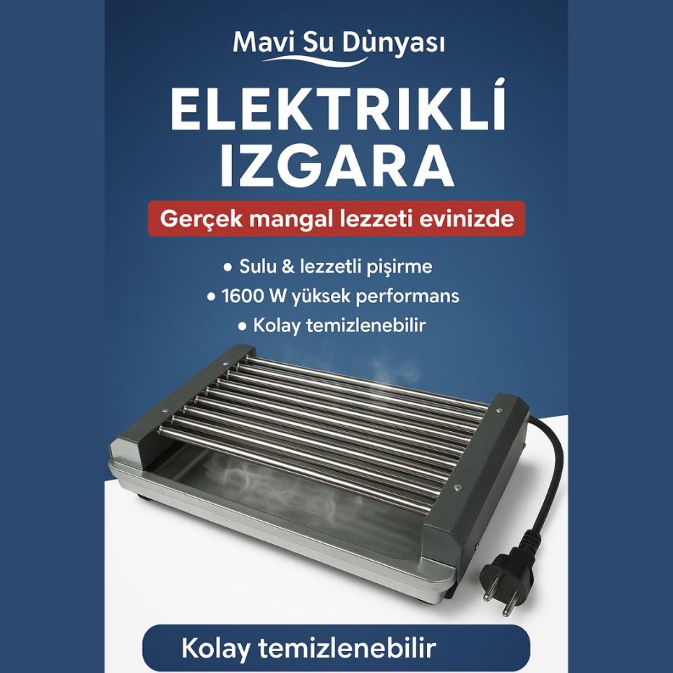 Elektrikli Izgara | Elektrikli Mangal | BBQ Izgara | Paslanmaz Izgara | 1600w | Mavi Su Dünyası