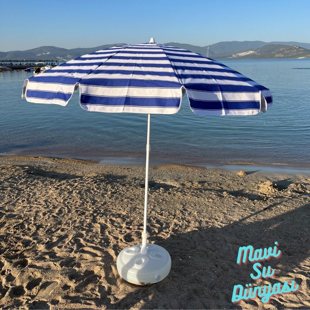 Mavi Beyaz Renk Plaj, Deniz, Balkon Şemsiyesi (Pamuk Kumaşlı) 2 Metre 10 Telli Bidonsuz Şemsiye