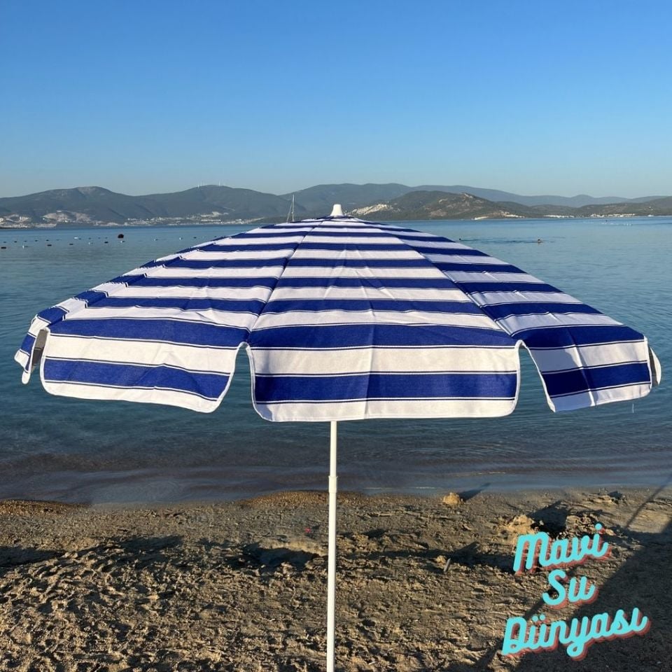 Mavi Beyaz Renk Plaj, Deniz, Balkon Şemsiyesi (Pamuk Kumaşlı) 2 Metre 10 Telli Bidonsuz Şemsiye