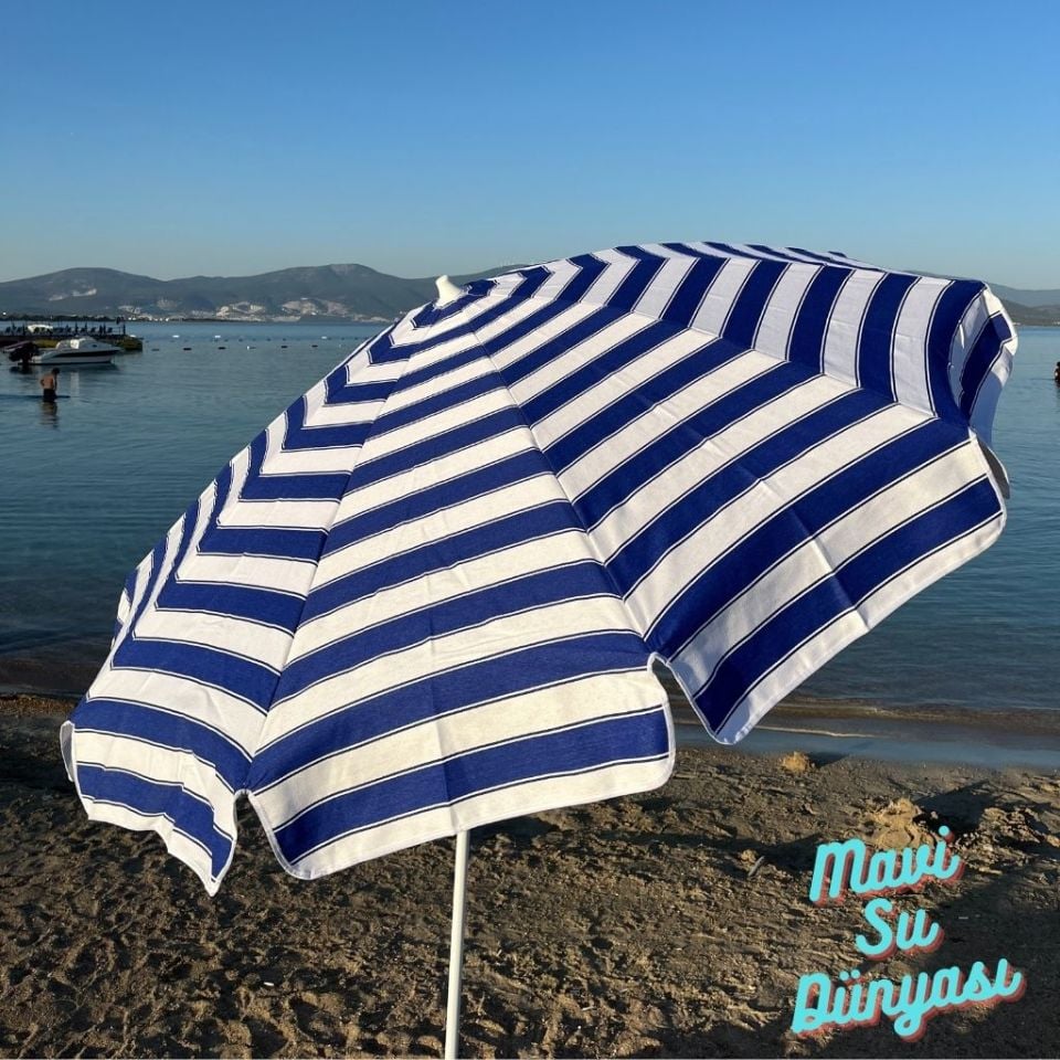 Mavi Beyaz Renk Plaj, Deniz, Balkon Şemsiyesi (Pamuk Kumaşlı) 2 Metre 10 Telli Bidonsuz Şemsiye
